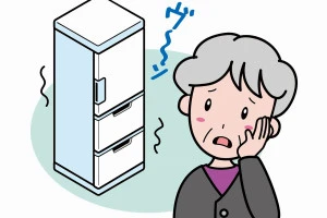 冷蔵庫の異音に悩むおばあさんのイラスト