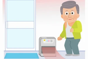 脱衣所にファンヒーターを置いて温めている男性のイラスト