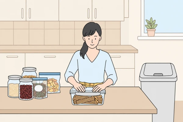 食品や生ごみを密閉してねずみのエサを減らす様子