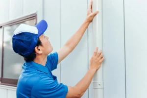 エアコンの配管化粧カバーと作業着の男性の写真