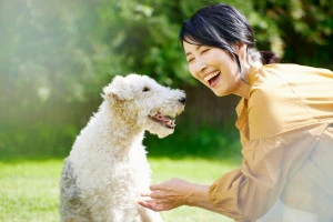 庭で愛犬と戯れる女性の写真