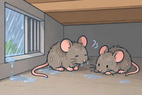ネズミが床下で雨宿りしている画像
