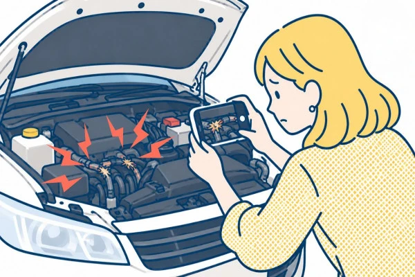 車のネズミ被害をカメラで撮影している女性の様子