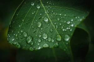 雨粒の残る緑の葉っぱの写真