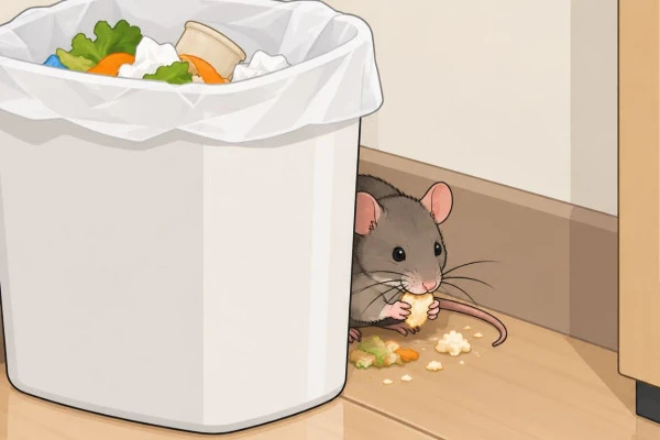 ネズミがゴミ箱の下に落ちた生ごみを食べている様子