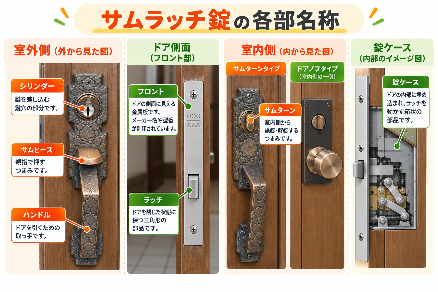 サムラッチ錠の各部名称を示した図解