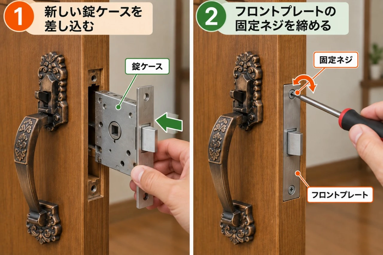 新しいケースを入れてビスで固定する流れを示した図解