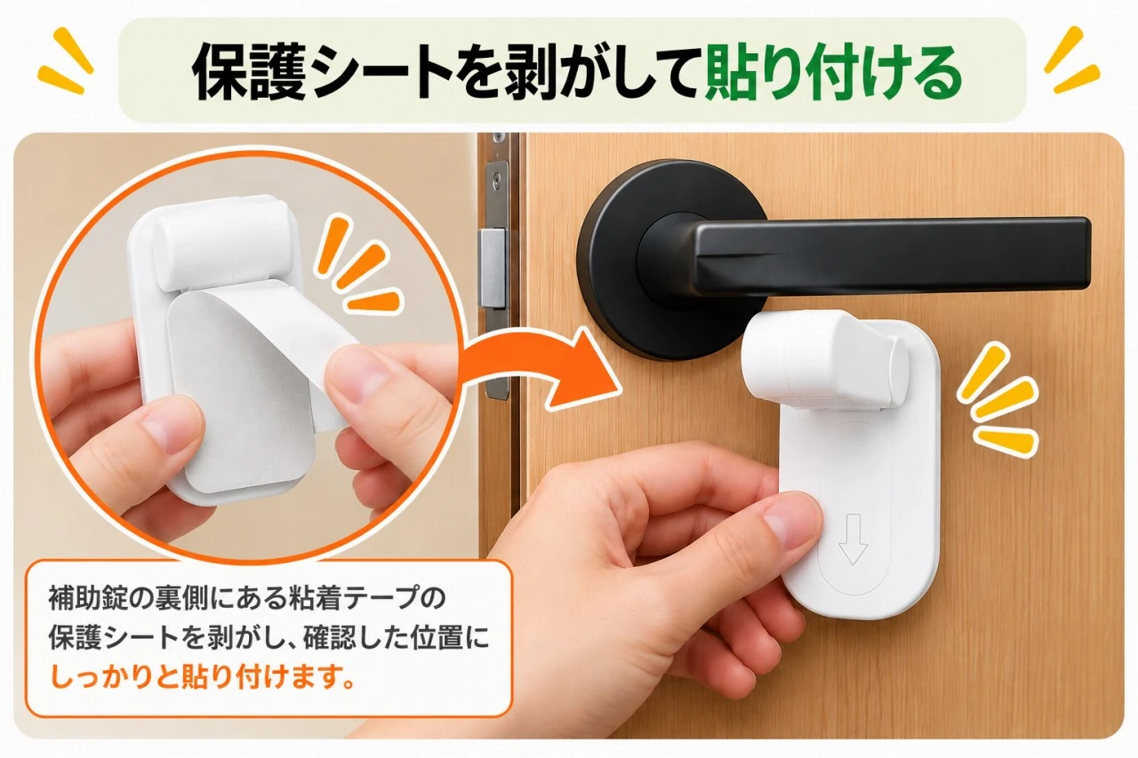 補助錠の粘着テープを剥がしている図解