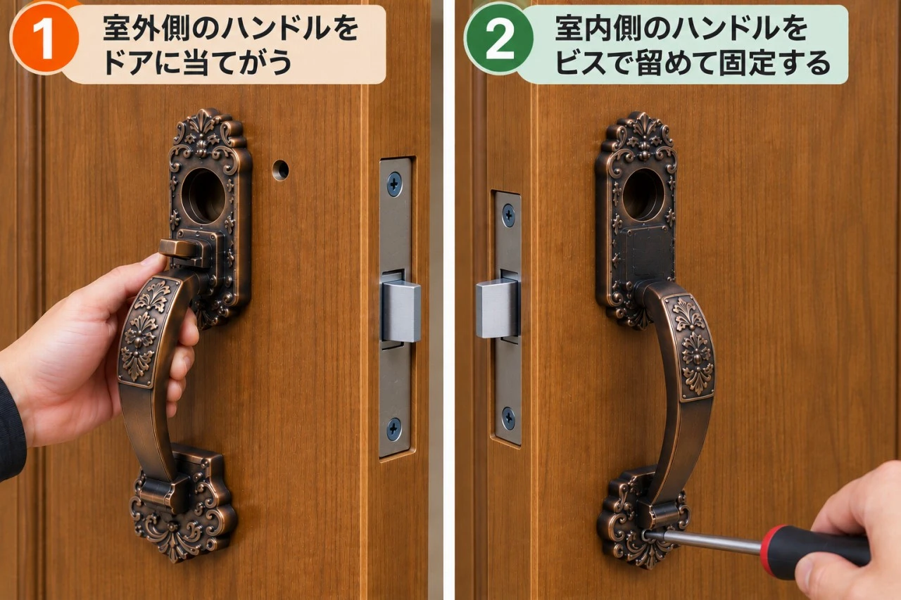 ハンドルを仮止めで取り付ける流れを示した図解