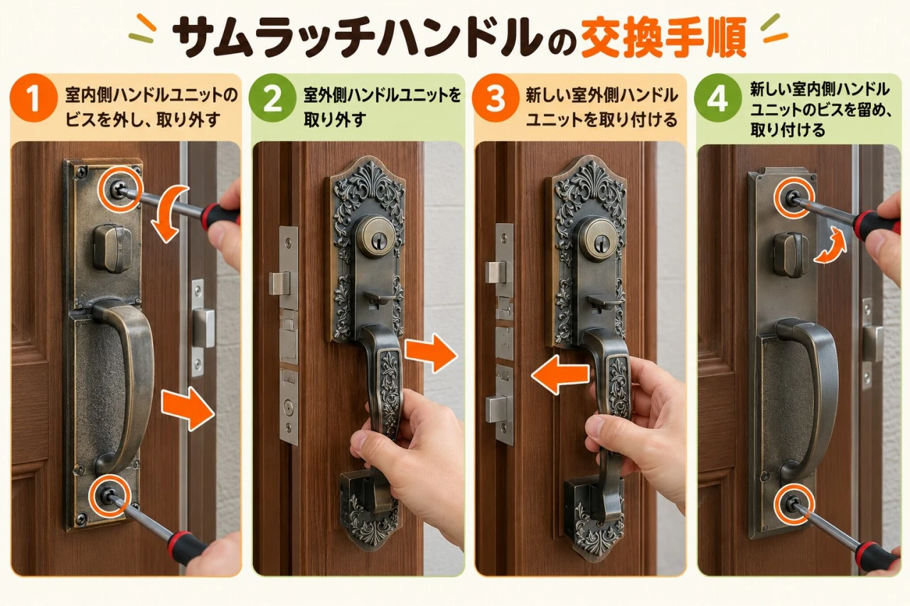 サムラッチハンドルの交換手順を4つのステップで説明する図解