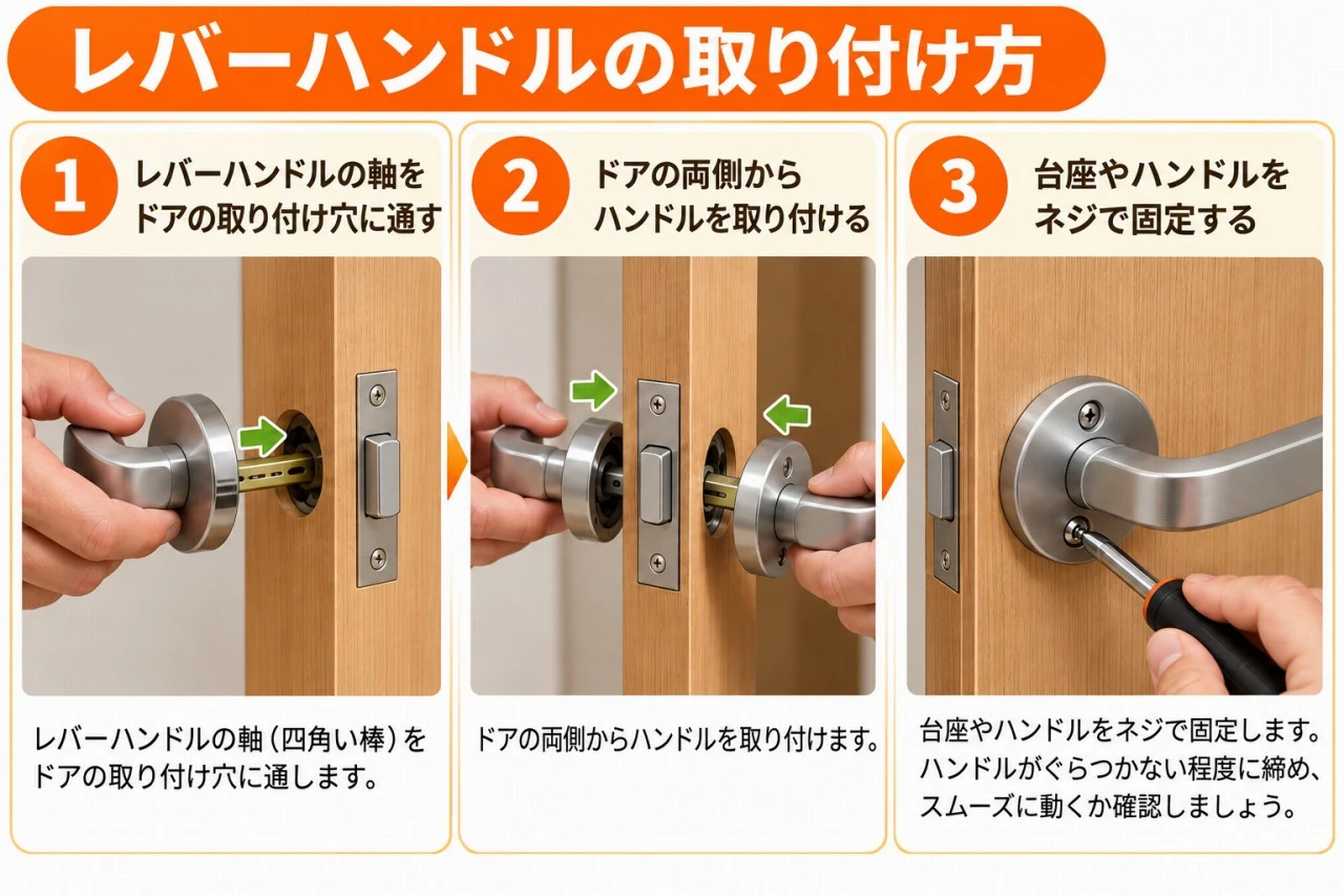 レバーハンドルの取り付け方を説明する図解