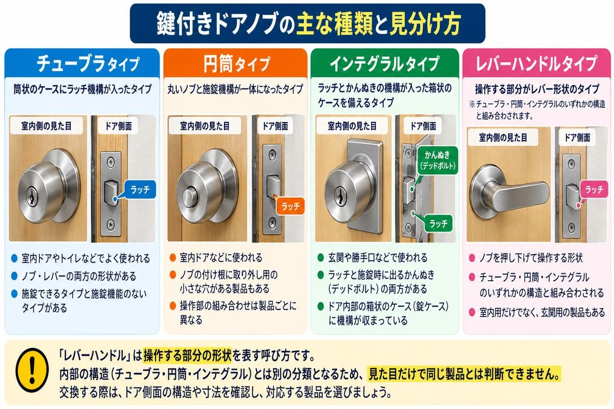 鍵付きドアノブの主な種類と見分け方の図解