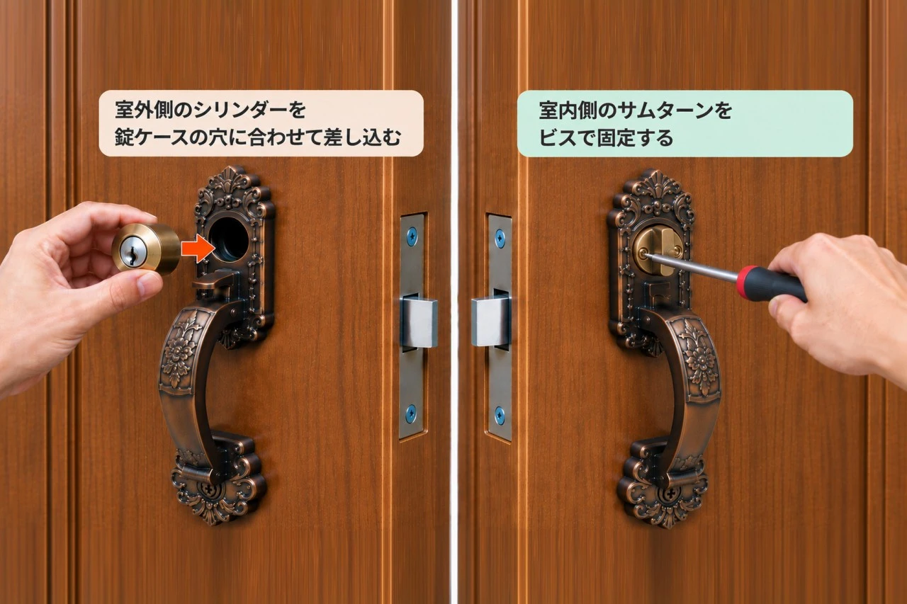 鍵を取り付けて本締めする流れを示した図解