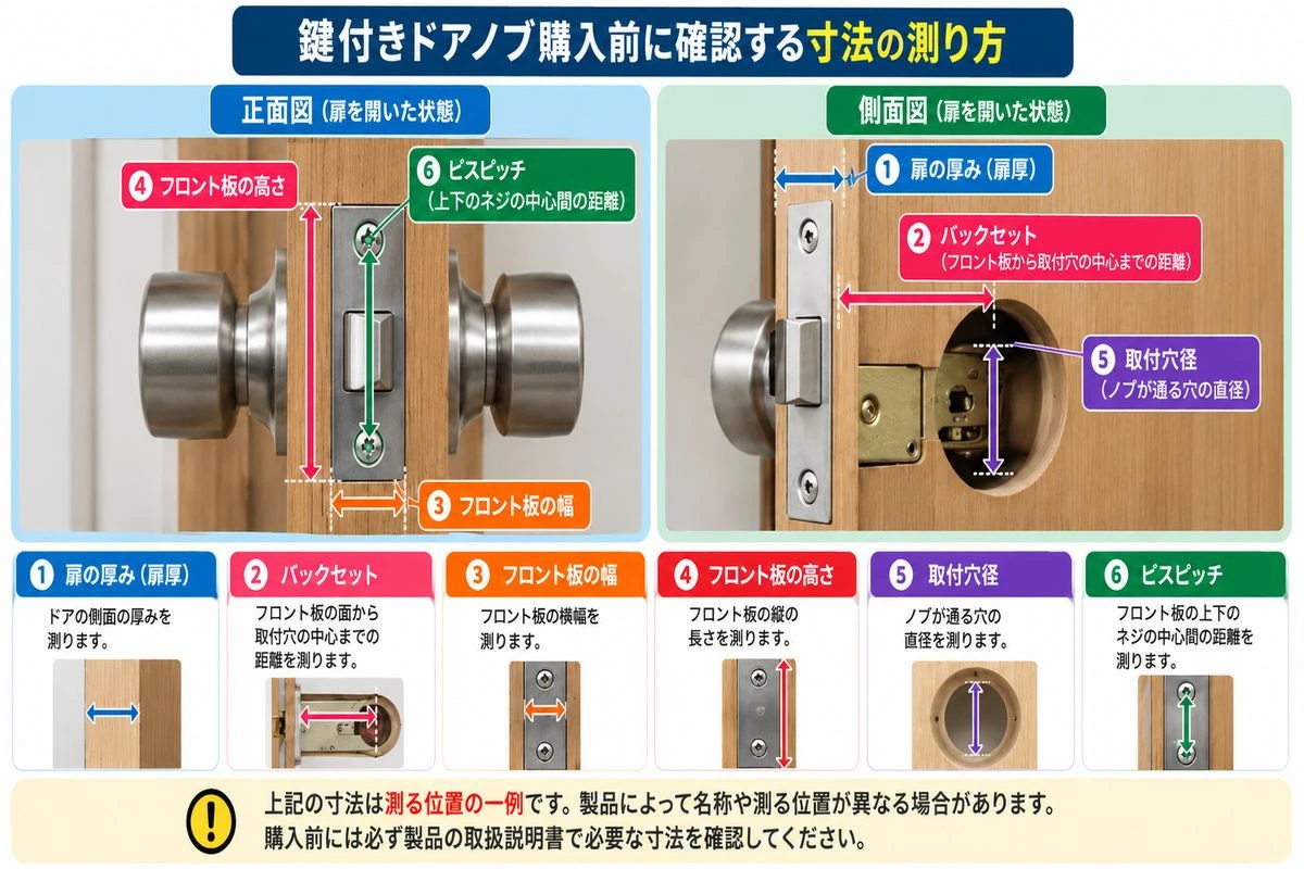 鍵付ドアノブを購入前に確認する寸法の測り方の図解