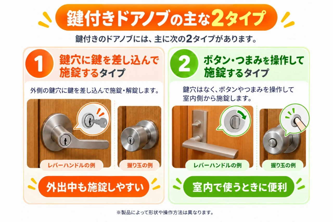 鍵付きドアノブのタイプを紹介している図解