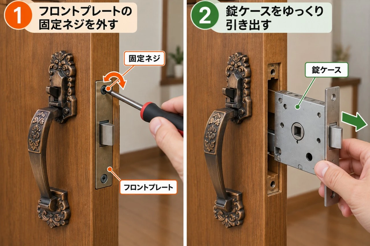 フロントのビスを外して錠ケースを取り外す流れを示した図解