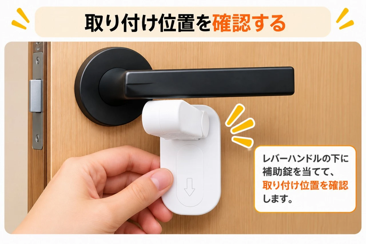 粘着テープ式補助錠の取り付け位置を確認している図解