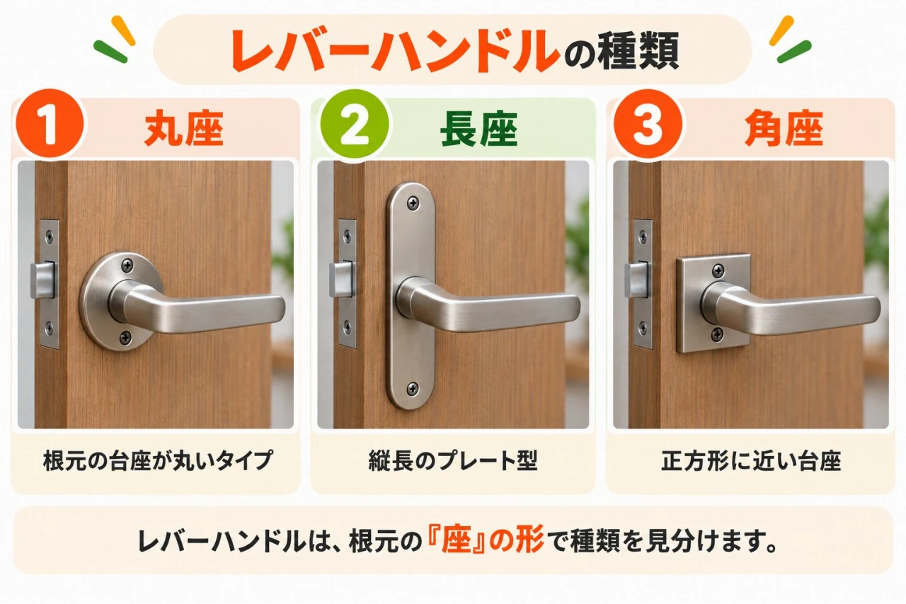 レバーハンドルの座の種類(丸座・長座・角座)を示す図解