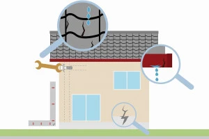 屋根や雨樋から雨漏りしている住宅のイラスト
