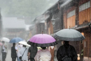 雨の中傘を差している人々の写真