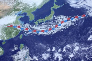 日本列島　梅雨前線　架空の天気図と記号(3DCGイメージ)