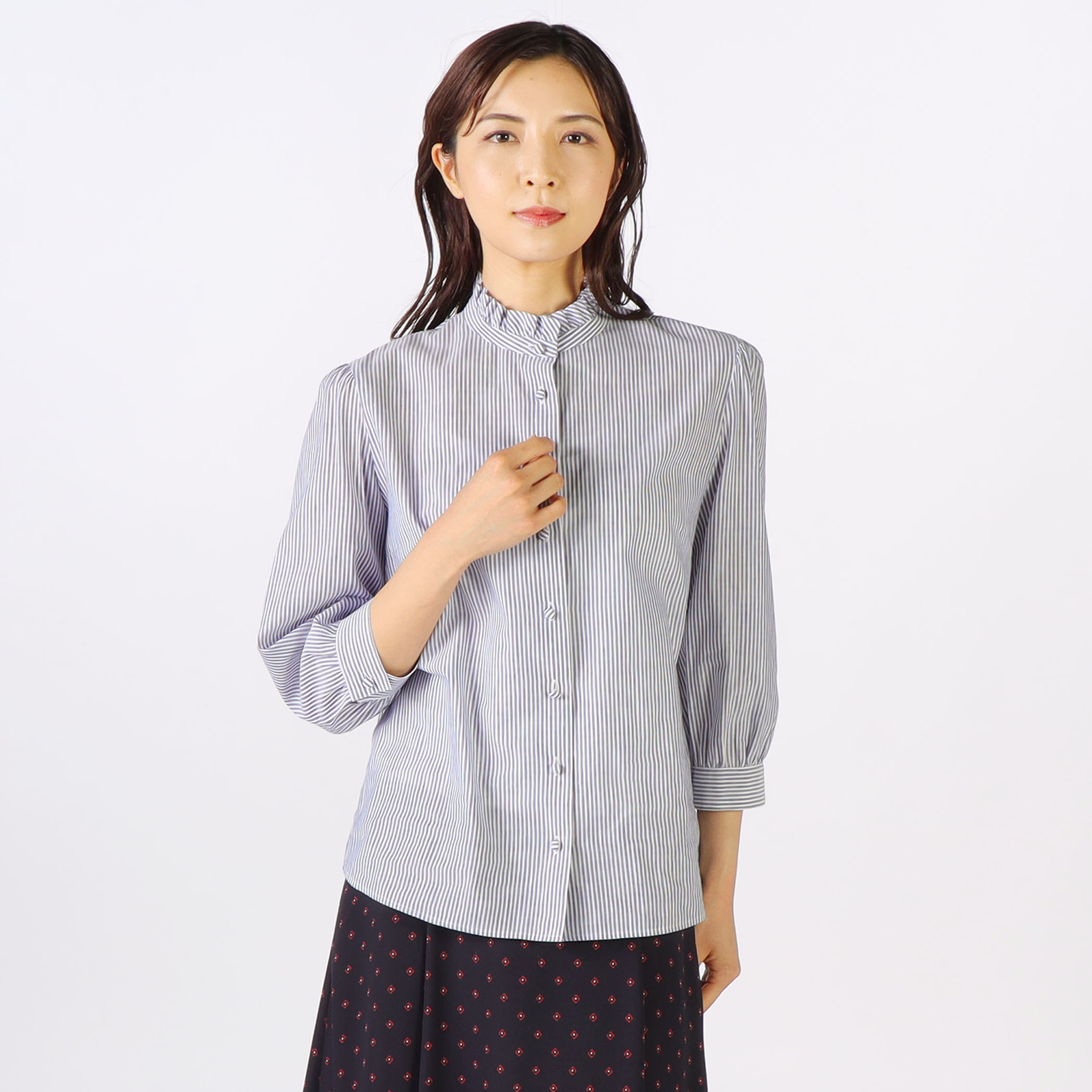 コットンリネンスタンドカラーストライプブラウス