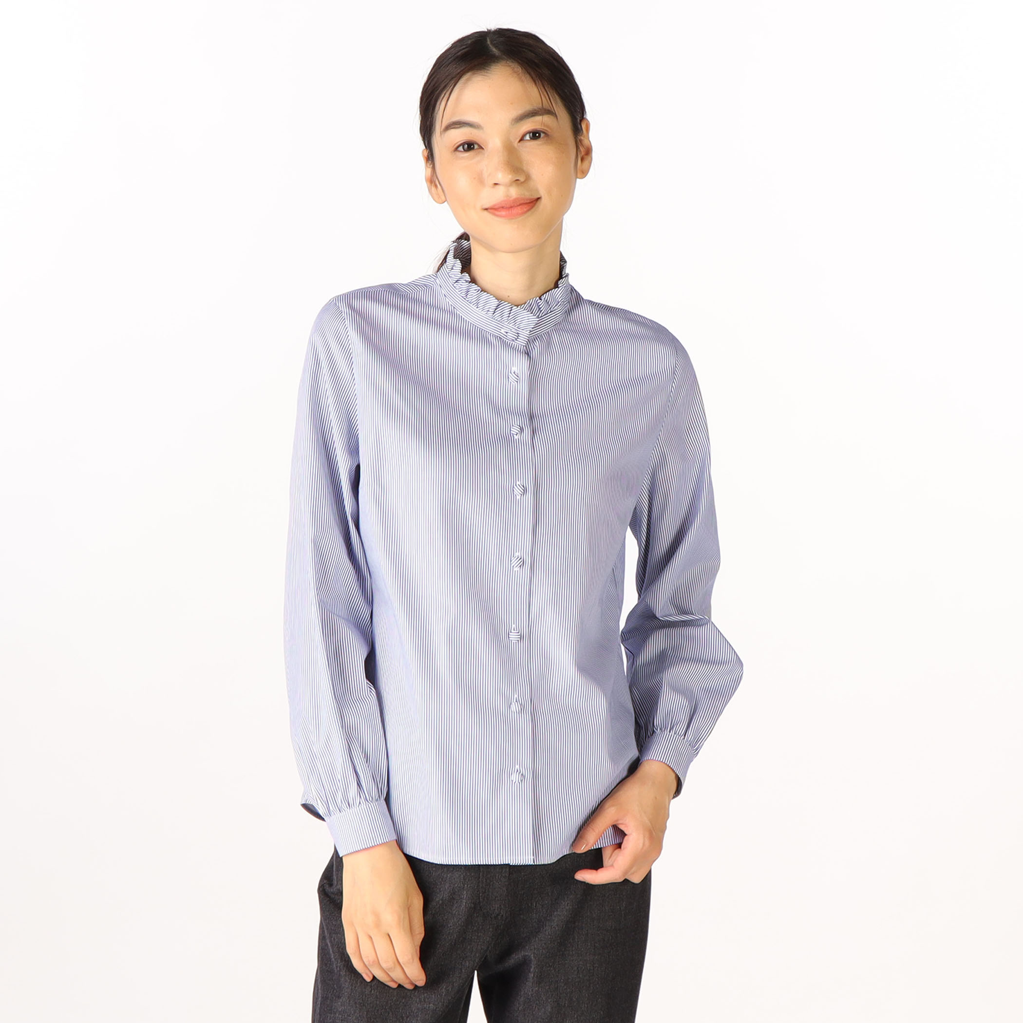 ロンドンストライプスタンドカラーブラウス