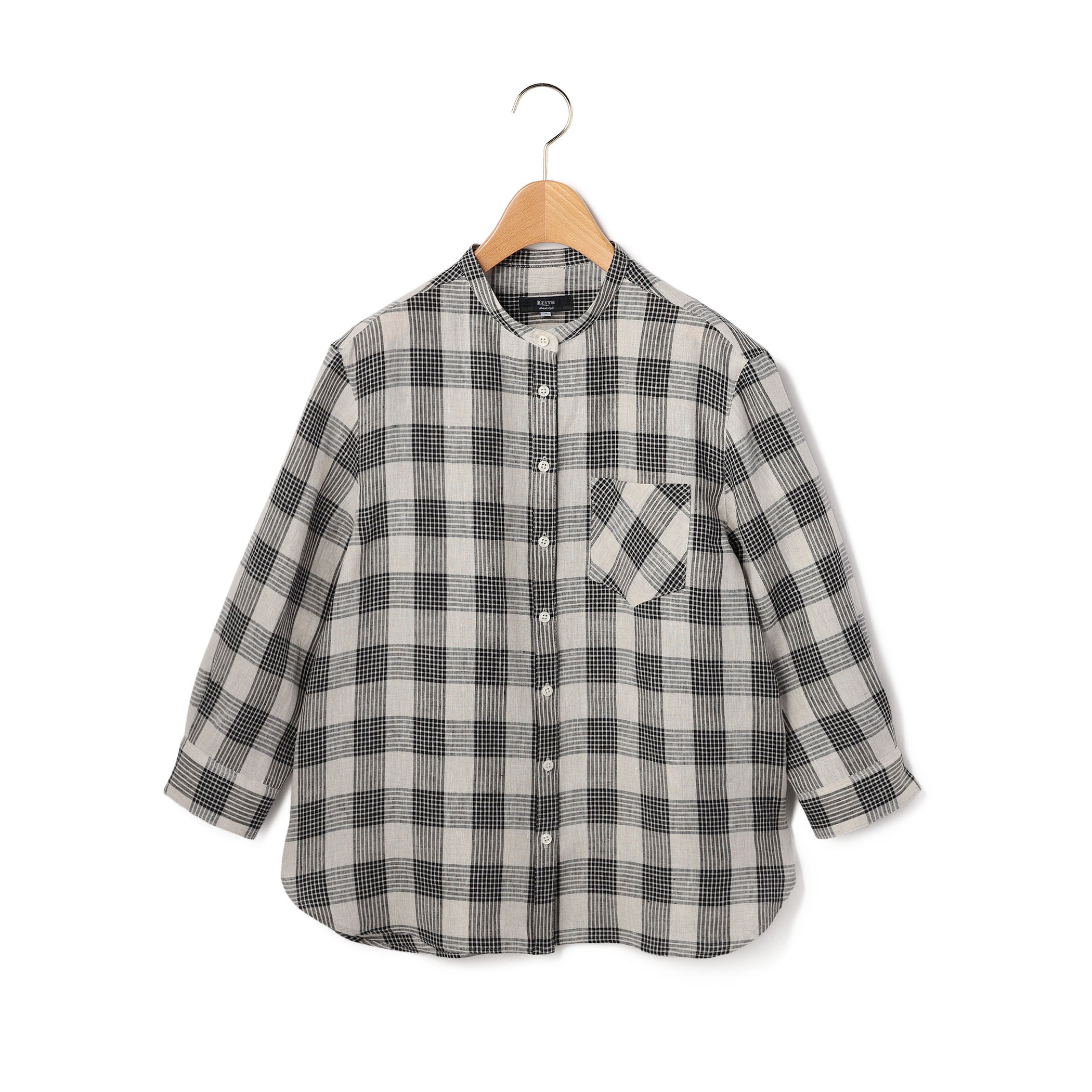 リネンチェックブラウススタンドカラー