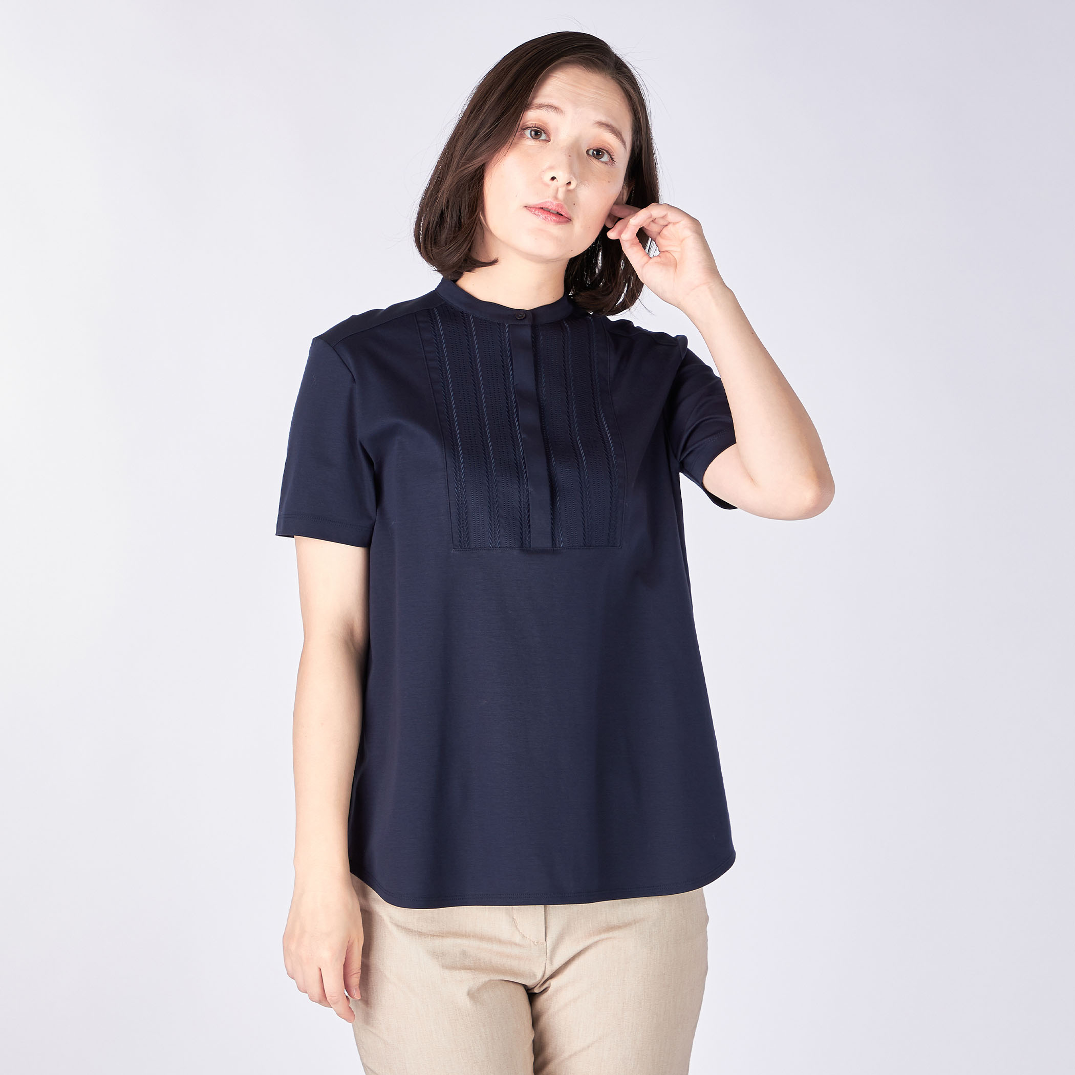 コットンスムーススタンドカラーカットソー