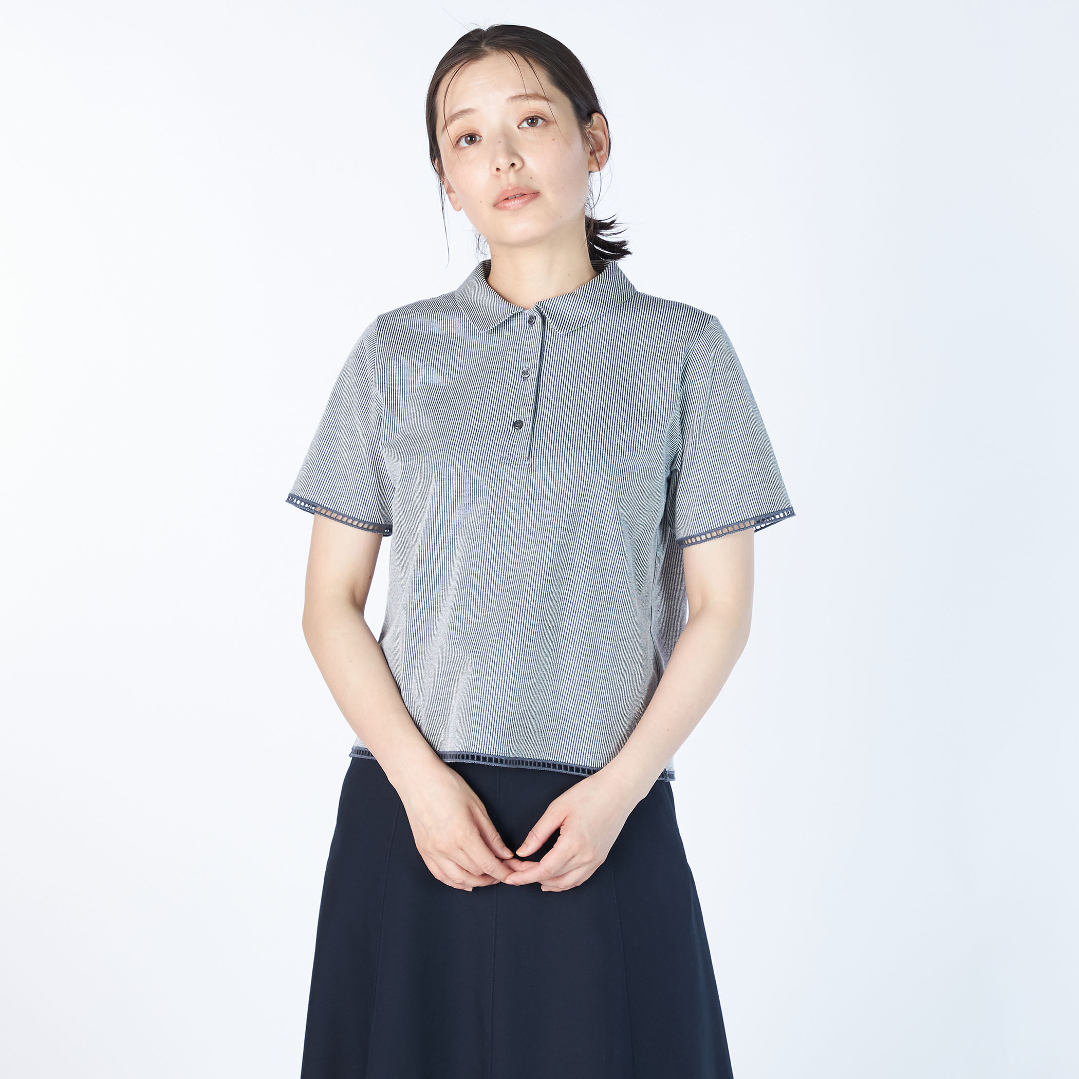 ストライプジャージーポロカラーカットソー