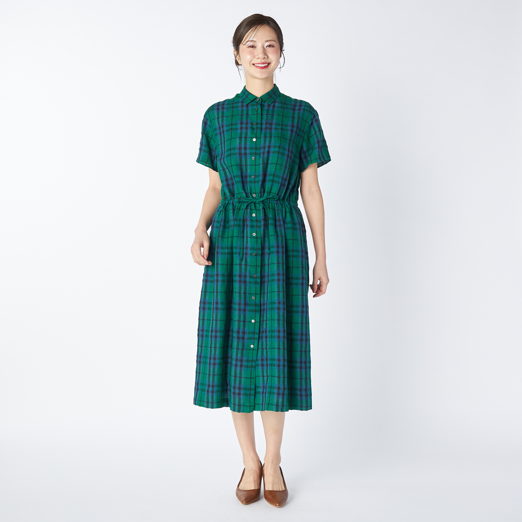 リネンキースチェックワンピース
