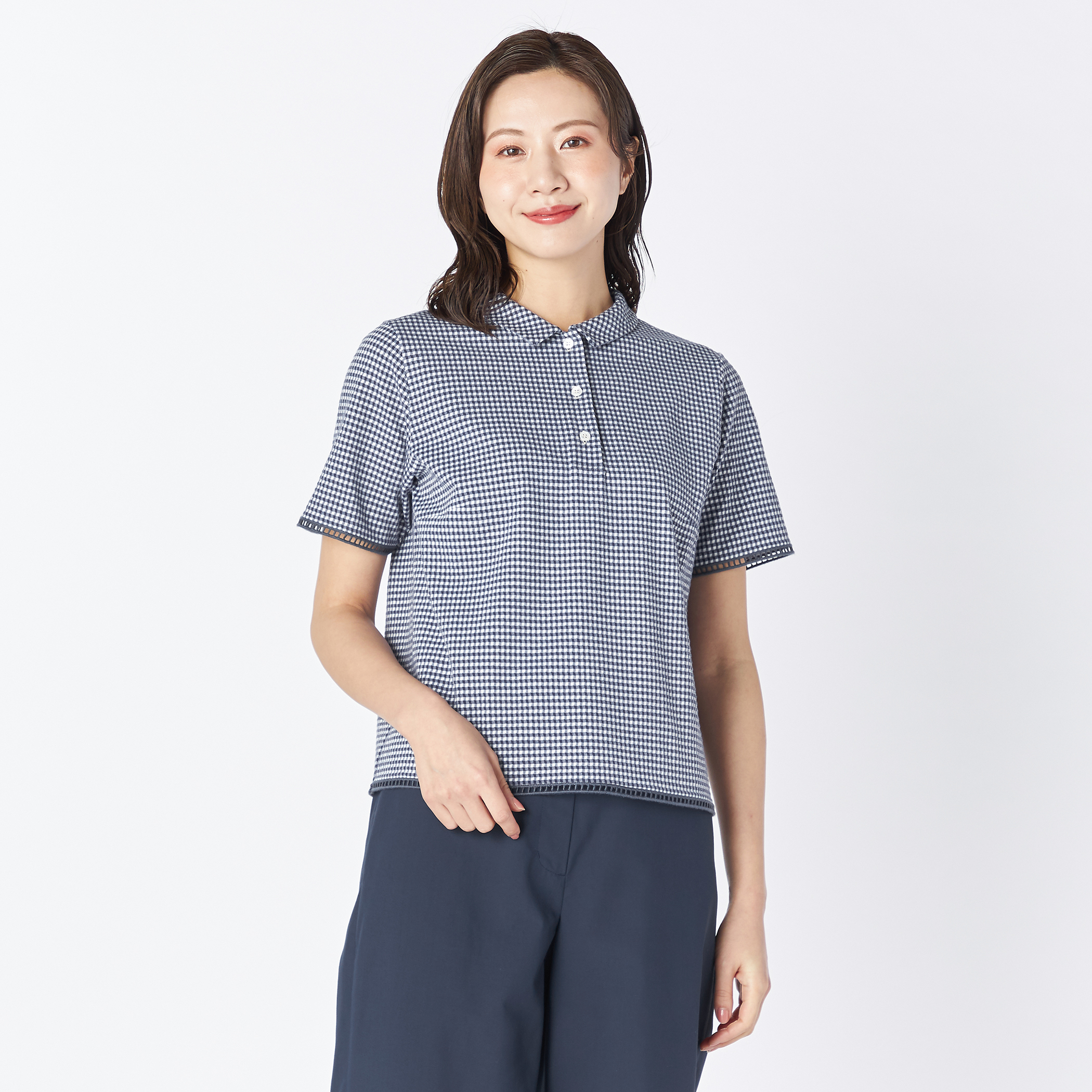 ギンガムジャージーカットソーポロ