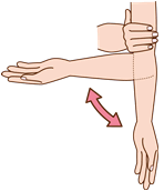 肘と反対の手でつかみ、そこを軸にして曲げたり、おろしたりする