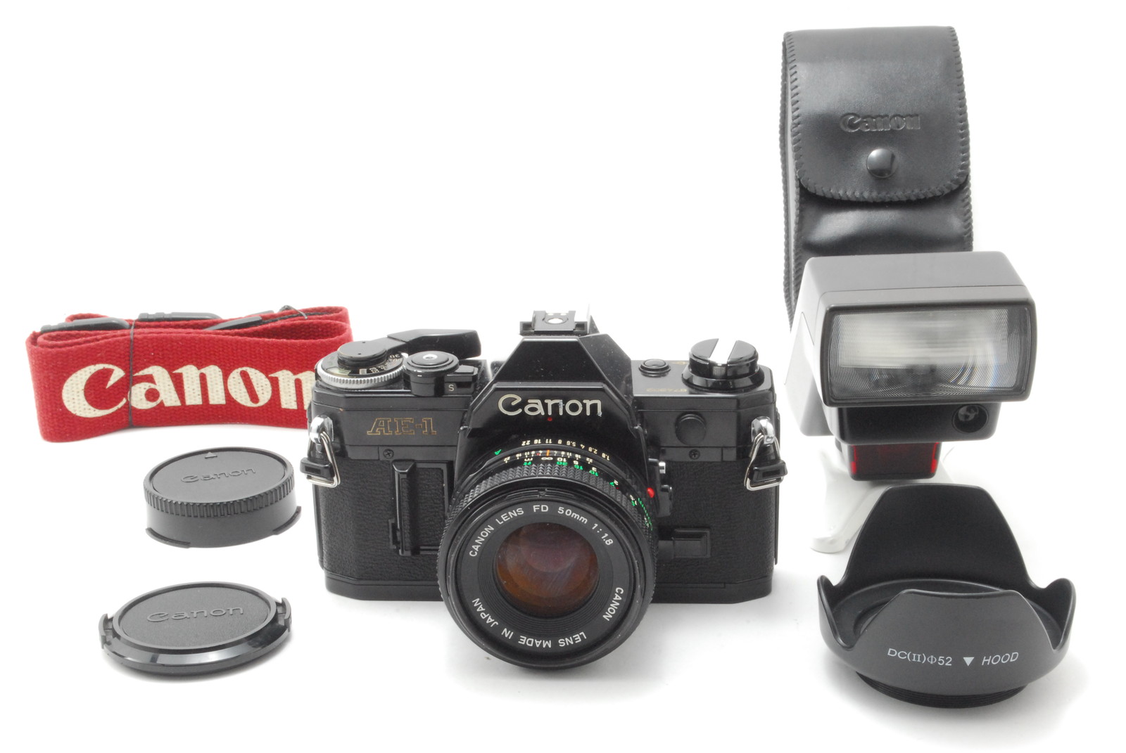 CANON AE-1 Black film Camera w/NFD 50mm F/1.8 MF Lens, Flash and