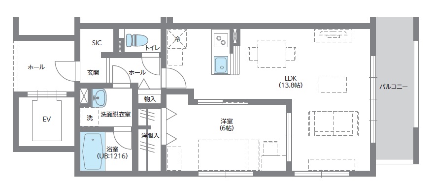 解放性と独立性を両立!対面キッチン型LDKと間仕切りで仕切られた6帖の洋室は必見。PC造・1LDKタイプのモデルルームを特別公開中|大成建設ハウジング0