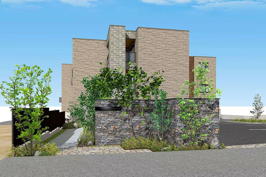 【箕面萱野駅近くの好立地に竣工】高遮音床システムの効果は体感必須！石貼りと木調縦格子スクリーンをアクセントにした重厚感ある外観が目をひく重量鉄骨造3階建て高級賃貸マンション 完成実例見学会｜積水ハウス