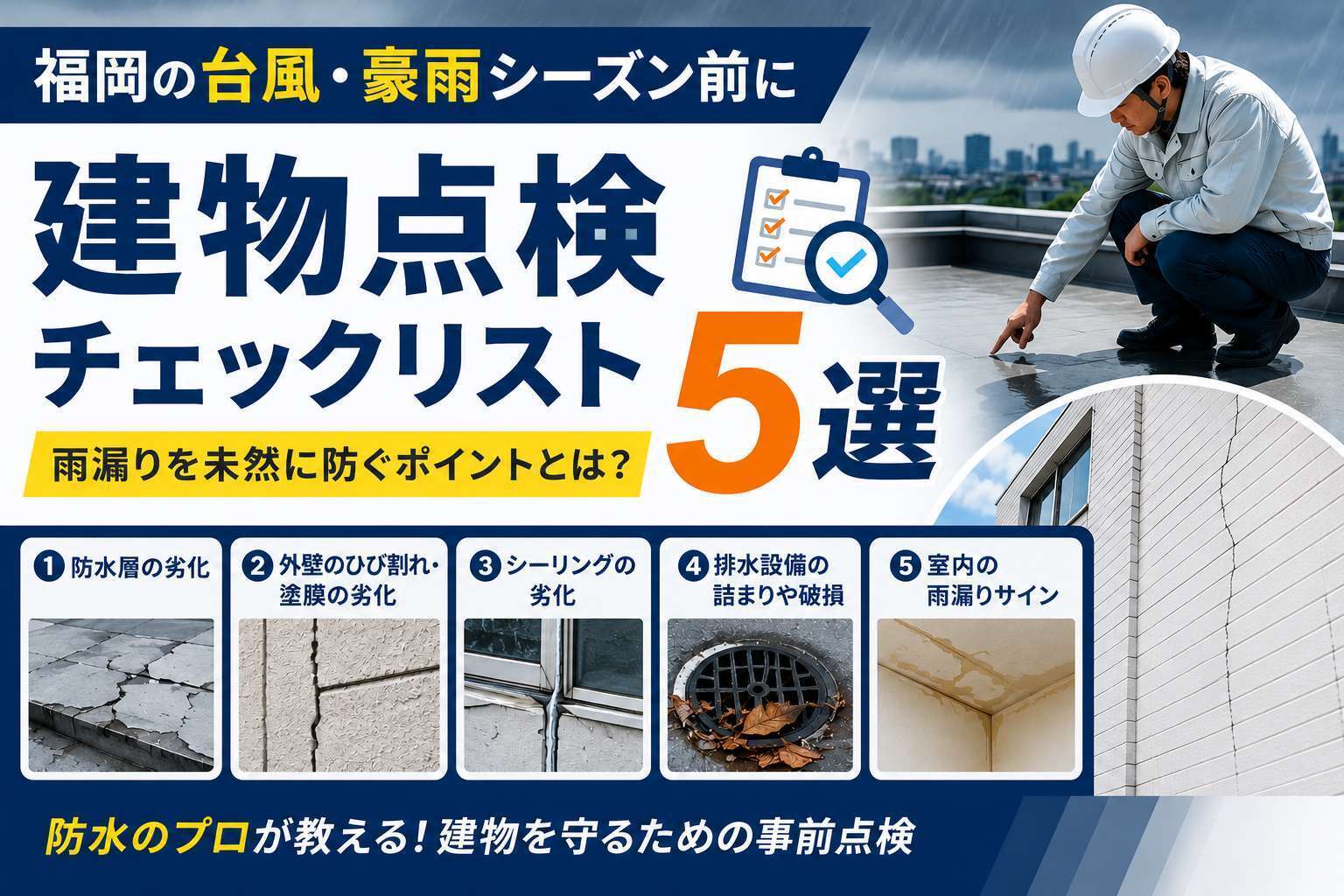 台風・豪雨シーズン前に確認したい建物点検チェックリスト5選｜雨漏り 