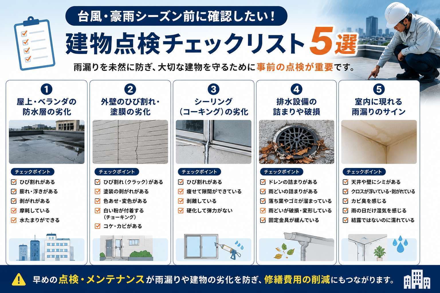 台風・豪雨シーズン前に確認したい建物点検チェックリスト5選｜雨漏り 
