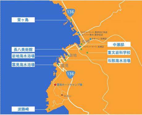 雲見オートキャンプ場周辺の海水浴場のマップ