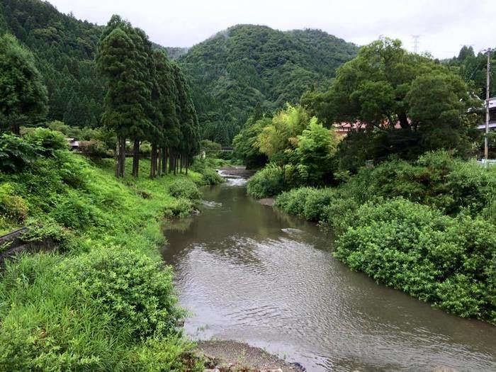 山に流れている川の写真