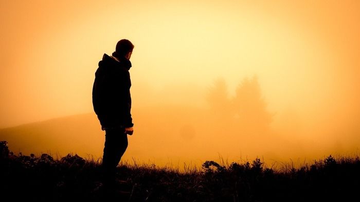 草原で夕日を見ている男性