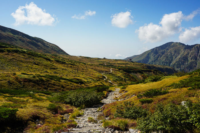 紅葉した立山連峰の写真
