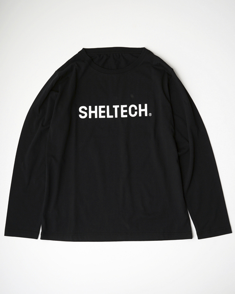 黒いSHELTECKロゴ入りロングTシャツ