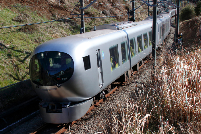 西武鉄道の特急ラビューが山間を走行するところ