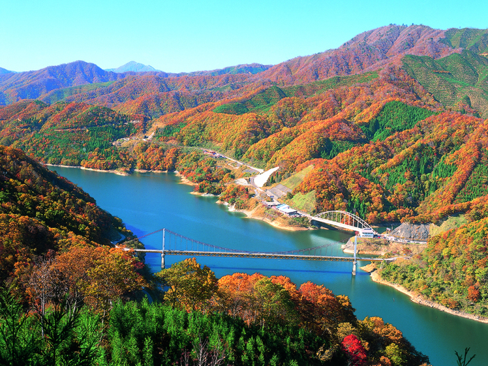紅葉に囲まれたダムと橋