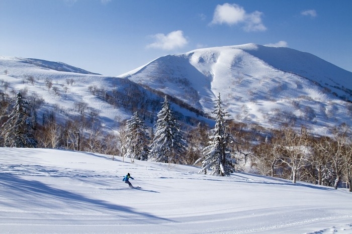 パウダースノーが積もる雪山と軽快に滑走する人
