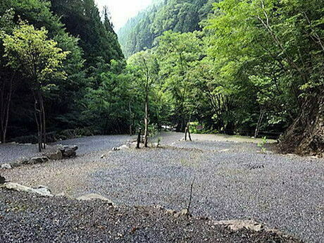 地面が砂利で区画を石で区切った林間サイト