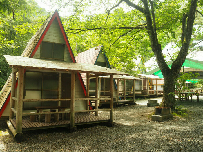 林間で手前から徐々に奥まって並ぶ三角屋根のキャビン