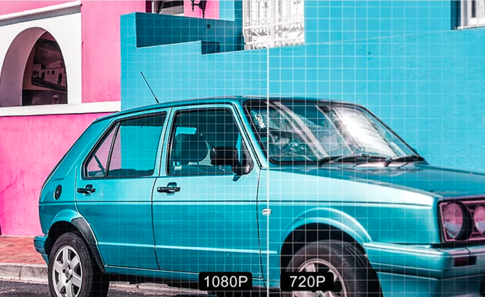 解像度を表す青い車の画像