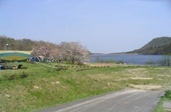 大自然と湖畔が目の前に広がる牛野ダムキャンプ場の様子